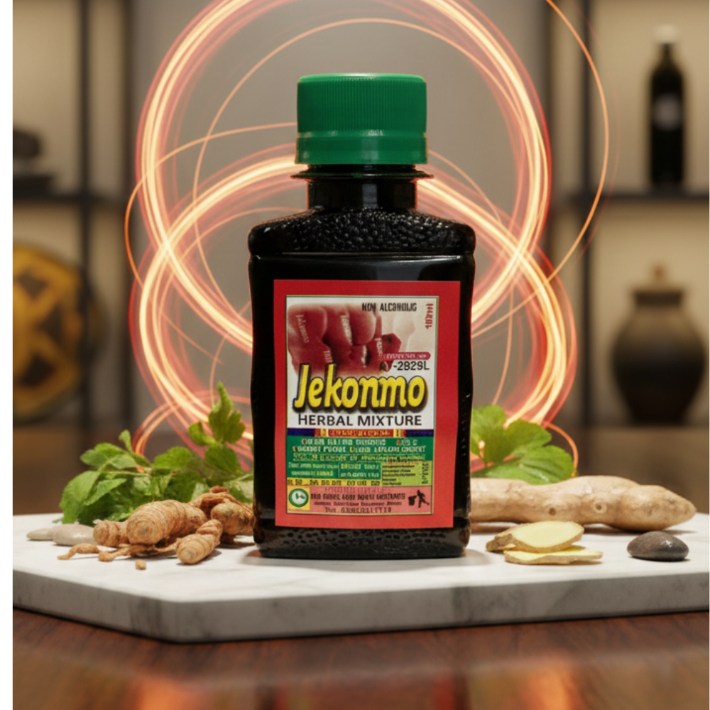 Jekonmo herbal mixture bottle displayed with fresh ginger root and spices, sold by Oasis African Market.
