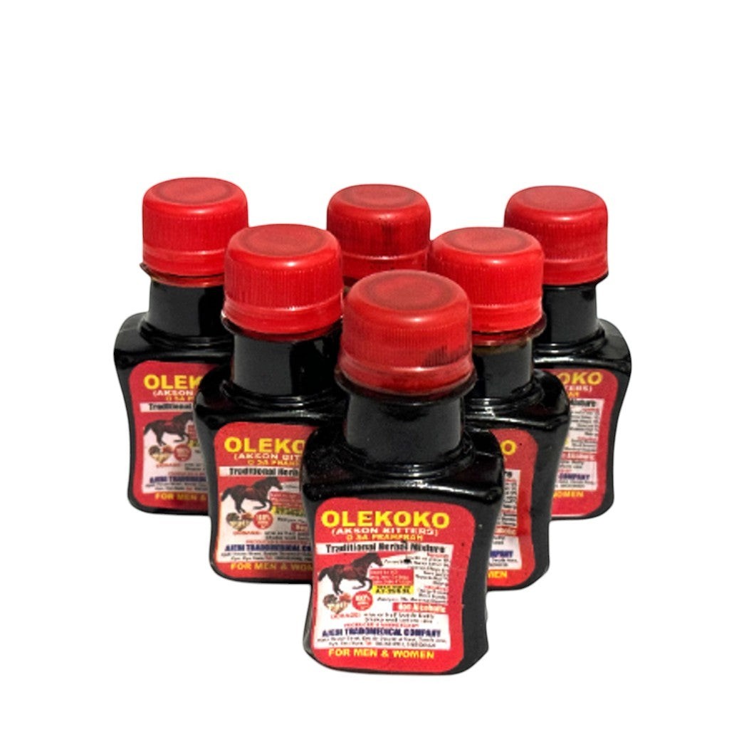 OASIS AFRICAN MARKET Olekoko Herbal Mixture, a traditional herbal remedy in small dark bottles with red caps. For energy and circulation.