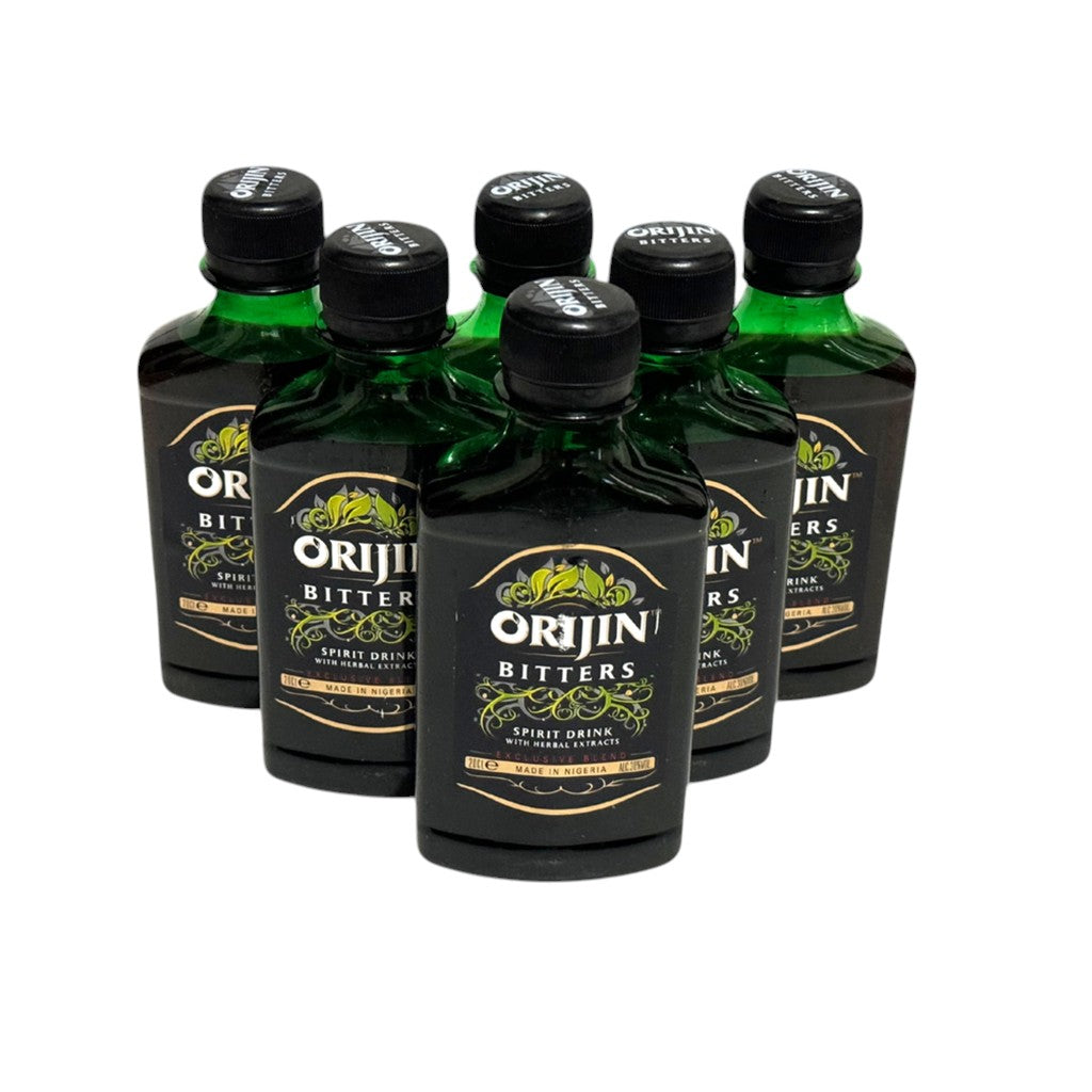 OASIS AFRICAN MARKET Orijin Bitters, a Nigerian herbal spirit in dark green bottles with black caps. Features a bittersweet taste with African herbs and fruits.