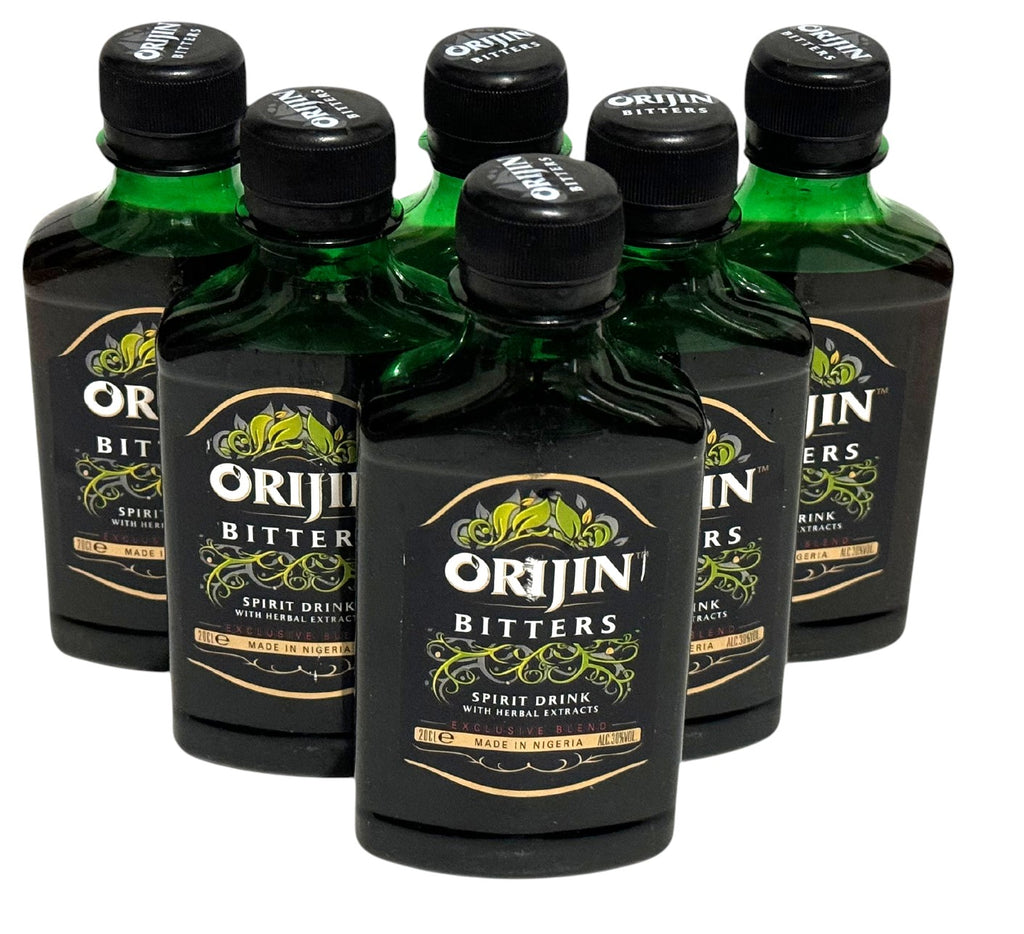 OASIS AFRICAN MARKET Orijin Bitters herbal spirit drink in dark green bottles with black caps. Made in Nigeria.