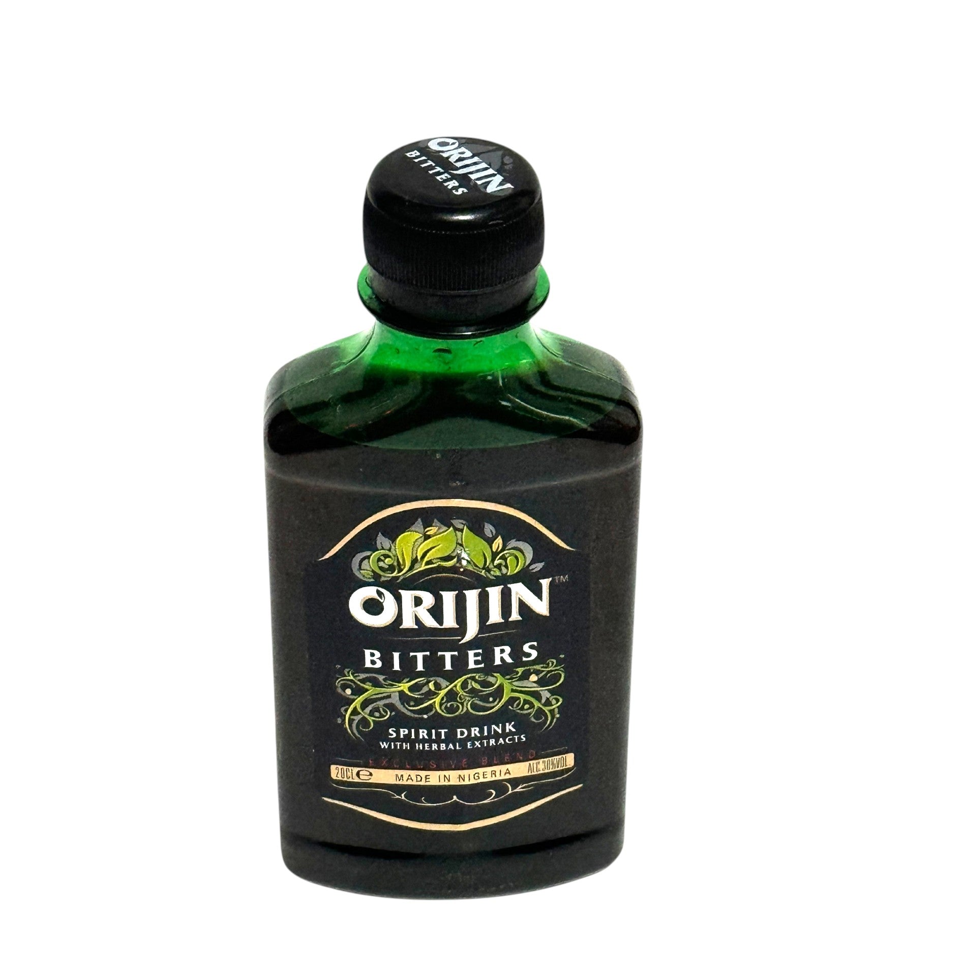 OASIS AFRICAN MARKET Orijin Bitters, a dark herbal spirit drink in a green glass bottle with a black cap. Features African herbs and fruits.