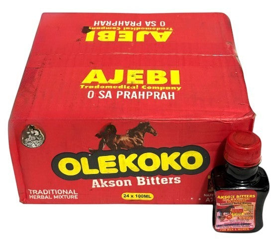 OASIS AFRICAN MARKET Olekoko Akson Bitters traditional herbal mixture in a red box with horse graphic. One 100ml bottle shown.