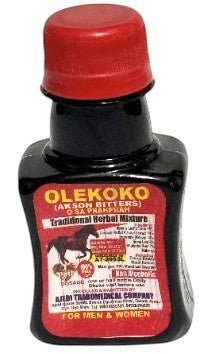OASIS AFRICAN MARKET Olekoko Herbal Mixture traditional remedy for energy and circulation. Black bottle with red cap.